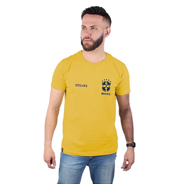 Camiseta Masculina Brasão Brasil Stouro Amarela Stouro