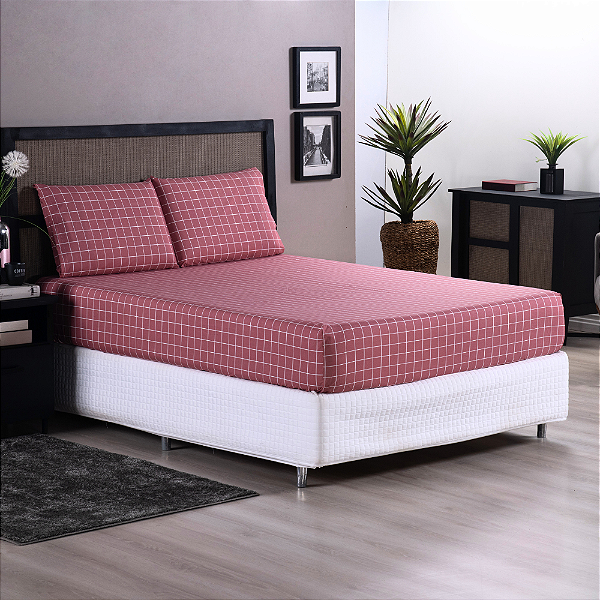 Jogo de Lençol Grid Quadriculado 3 Peças Casal 80% Algodão / 20% Poliéster Perca