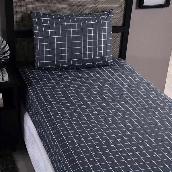 Jogo de Lençol Grid Quadriculado 2 Peças Solteiro 80% Algodão / 20% Poliéster Pe