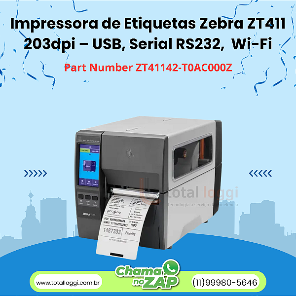 Impressora de Etiquetas Zebra ZT411 203dpi Ethernet e Wi-Fi