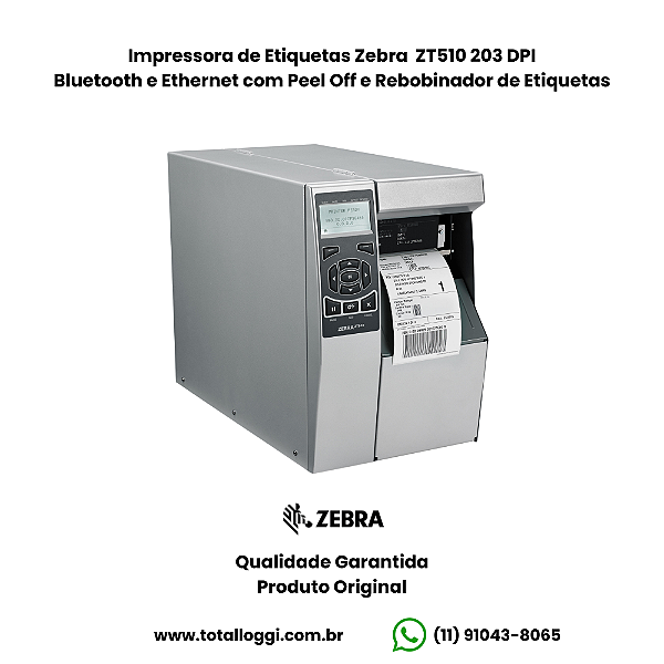 Impressora de Etiquetas Zebra ZT510 203dpi - USB, Serial, Bluetooth e Ethernet com Peel Off e Rebobinador