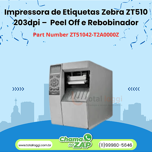 Impressora de Etiquetas Zebra ZT510 203dpi - USB, Serial, Bluetooth e Ethernet com Peel Off e Rebobinador
