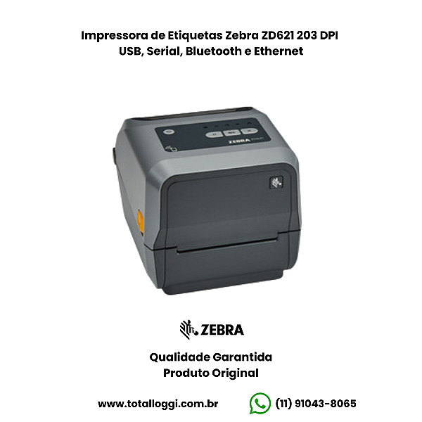Impressora de Etiquetas Zebra ZD621 203dpi – Bluetooth e Ethernet