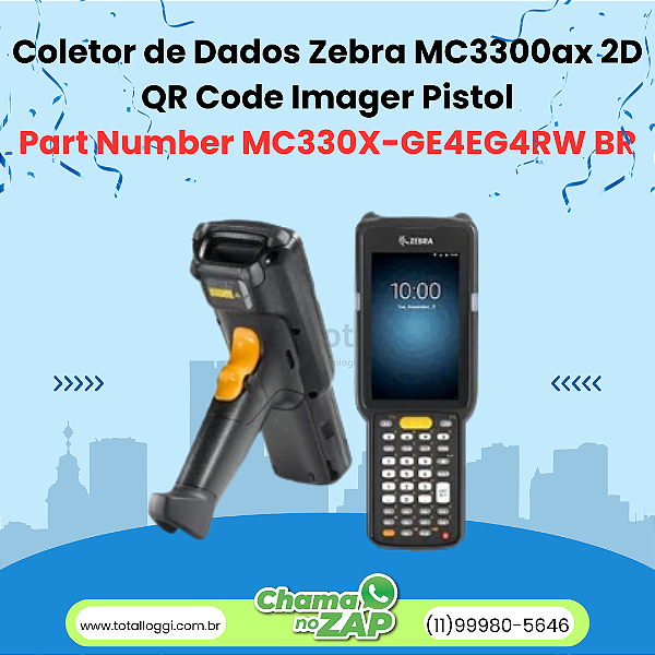 Coletor de Dados Zebra MC3300ax 2D QR Code Imager Longa Distância - Touch 4 Polegadas, Alfanumérico, Pistola Gun