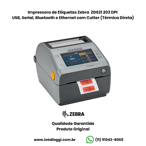 Impressora Zebra ZD621 203dpi com Cutter