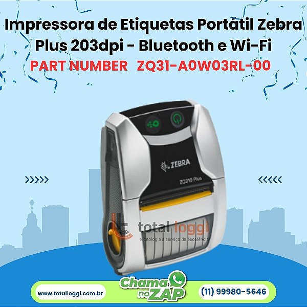 Impressora Portátil Zebra ZQ310 Plus 203dpi - Bluetooth e Wi-Fi