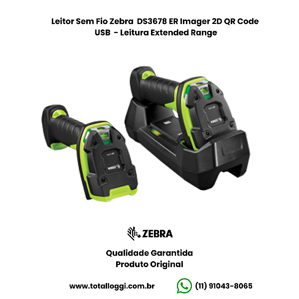 Leitor Sem Fio Zebra DS3678 ER Imager 2D QR Code - USB (Leitura Extended Range)
