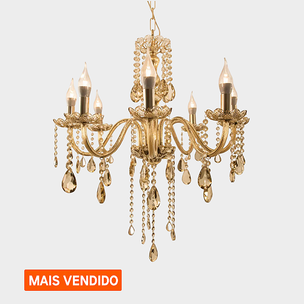 Lustre Luminária De Cristal Ambar Luxo 6 Braços