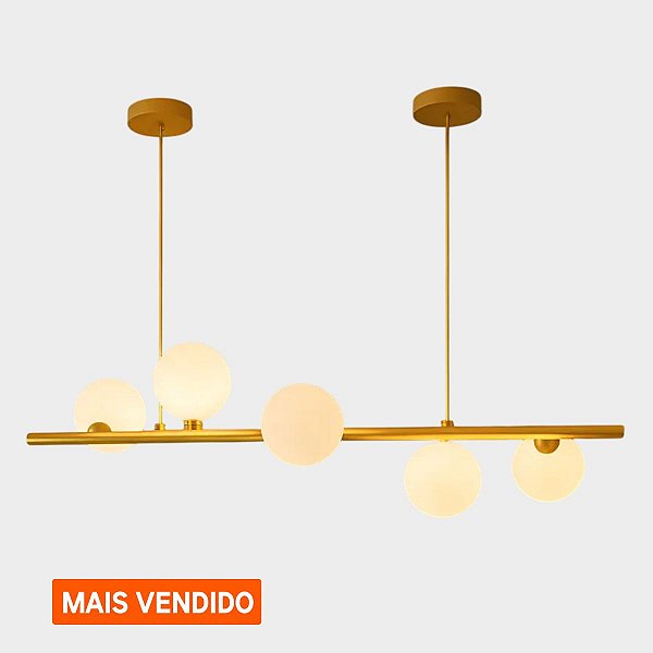 Lustre Pendente Retangular 90cm Leitoso 5 Bolas