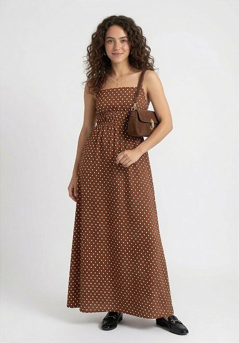 Vestido Longo Poá Marrom