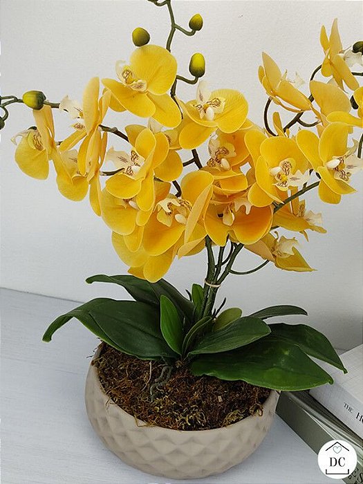 Decor Centro | Arranjo Orquídea Amarela com Vaso Marrom - Decor Centro |  Loja Online de Artigos de Decoração