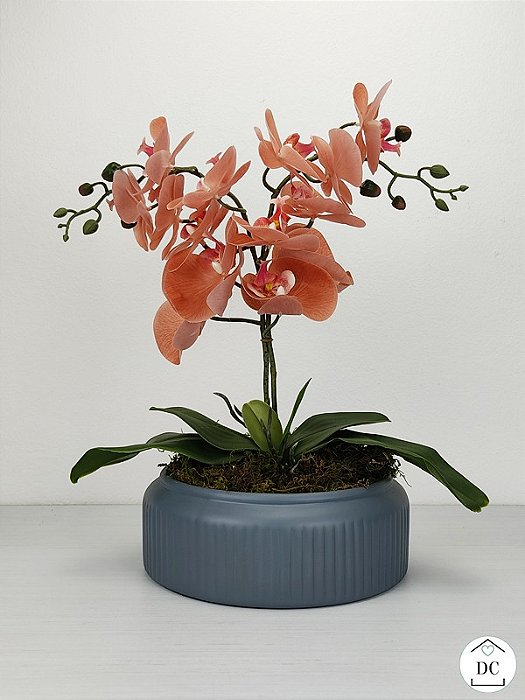 Decor Centro | Arranjo Orquídea Pêssego com Vaso Cinza - Decor Centro |  Loja Online de Artigos de Decoração