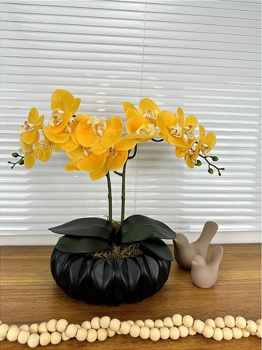 Arranjo de Orquídea Artificial Amarela 2 Hastes Equibanda Preto G