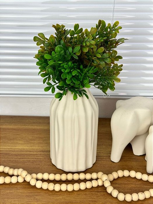 Vaso Cerâmica Bege com Planta Artificial Tons de Verde