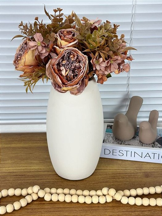 Arranjo Rosa Artificial Outonado Vaso Bege Cerâmica