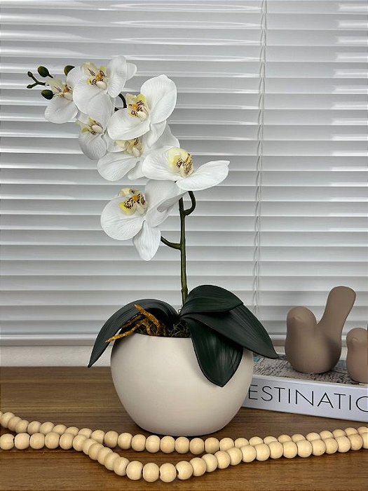 Arranjo de Orquídea Artificial Branca Vaso Cerâmica Aquario Bege