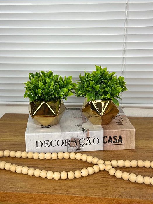 Kit 2 Vasinho Cerâmica Dourado com Verdinho