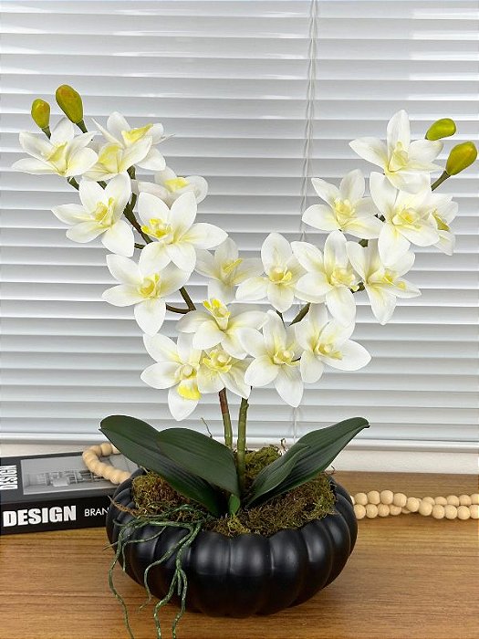 Arranjo de Orquídea Cymbidium 2 Hastes Artificial Branca Vaso Preto