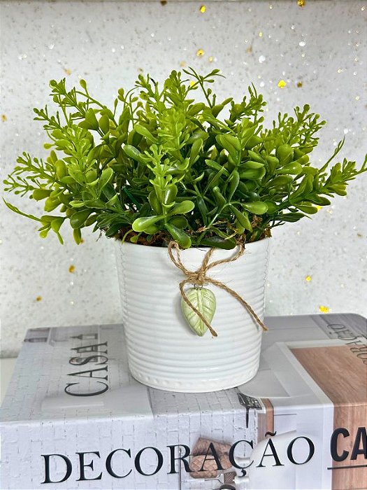 Arranjo Artificial Verdinhos Vaso Branco Cerâmica Pingente