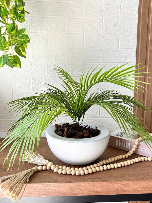 Planta Artificial Folha de Palmeira 35cm Vaso Bacia Branco