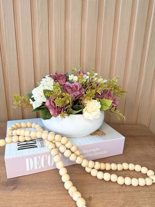 Arranjo Artificial Rosas com Margarida Amarela e Bordô Vaso Branco