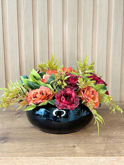 Arranjo Artificial Rosas com Margarida Laranja e Vermelha Vaso Preto