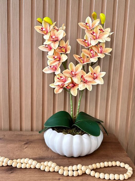 Arranjo de Orquídea Cymbidium Artificial Amarela 2 Hastes Vaso OffWhite