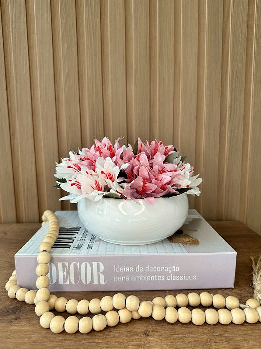 Mini Lírios Artificiais Rosa e Branco Vaso Cerâmica Branco