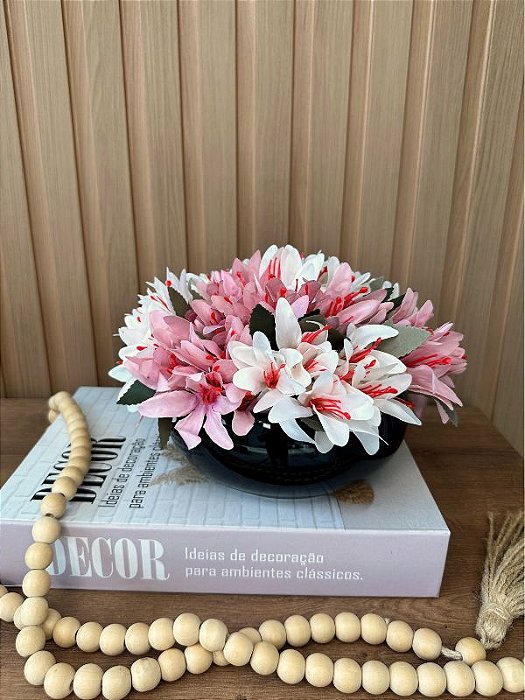 Mini Lírios Artificiais Rosa e Branco Vaso Cerâmica Preto