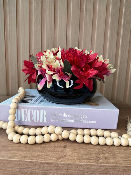 Mini Lírios Artificiais Vermelho e Amarelo Vaso Cerâmica Preto