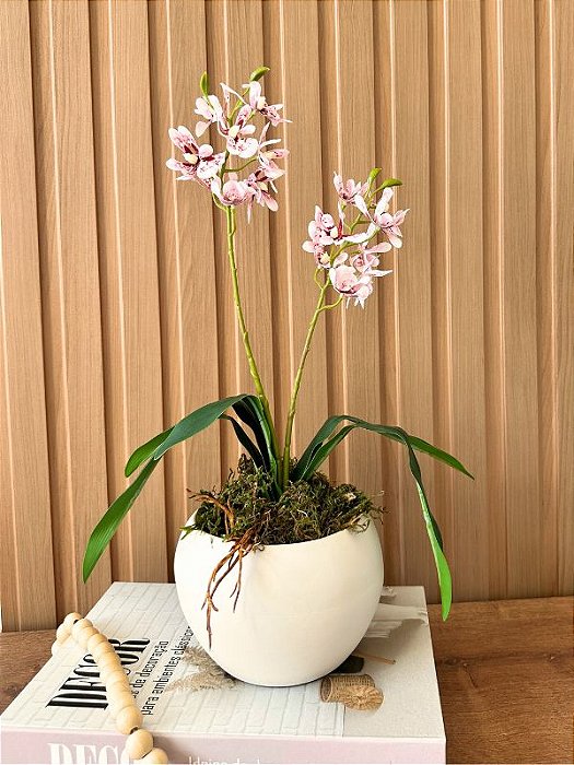 Arranjo de Orquídea Ansellia Africana Toque Real Cerâmica Aquário Bege