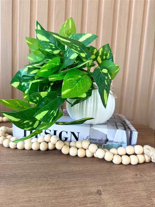 Folha de Jiboia Artificial Vaso Branco Laço