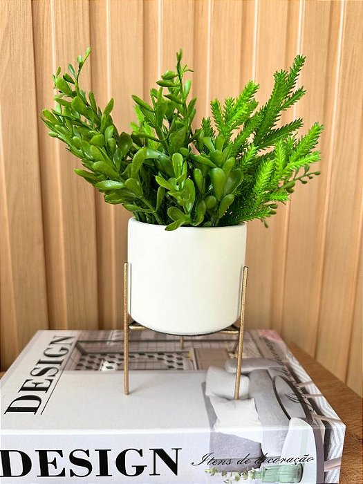 Vaso Cerâmica OffWhite Suporte Metal M com Planta Artificial