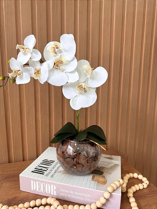 Orquídea Artificial Branca Vaso Aquário Transparente