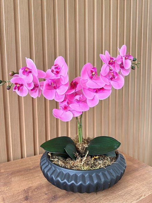 Arranjo de Orquídea Artificial Rosa 2 Hastes Vaso Cerâmica Preto G ( Pequenas Avarias)
