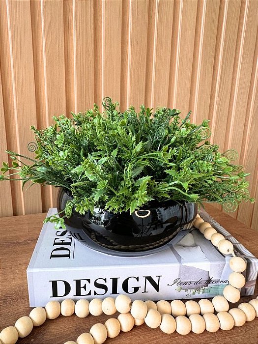 Vaso Cerâmica Preto Brilho com Pick Verde Artificial