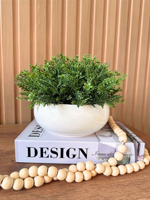 Vaso Cerâmica Branco Brilho com Pick Verde Artificial