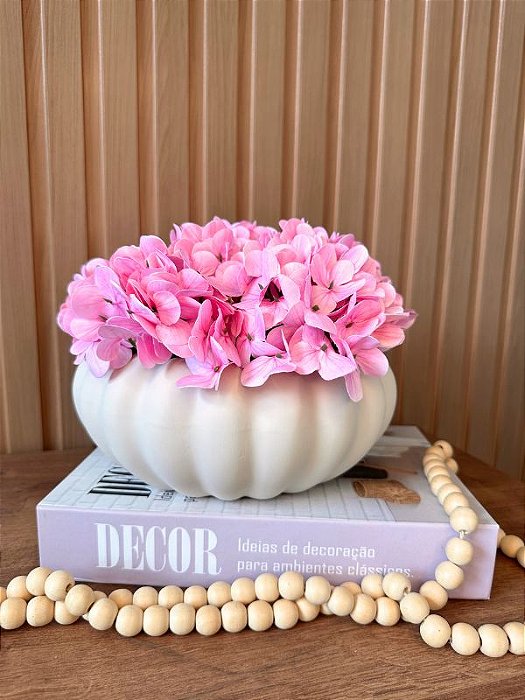Arranjo de Hortensia Artificial Rosa Vaso Gomo OffWhite