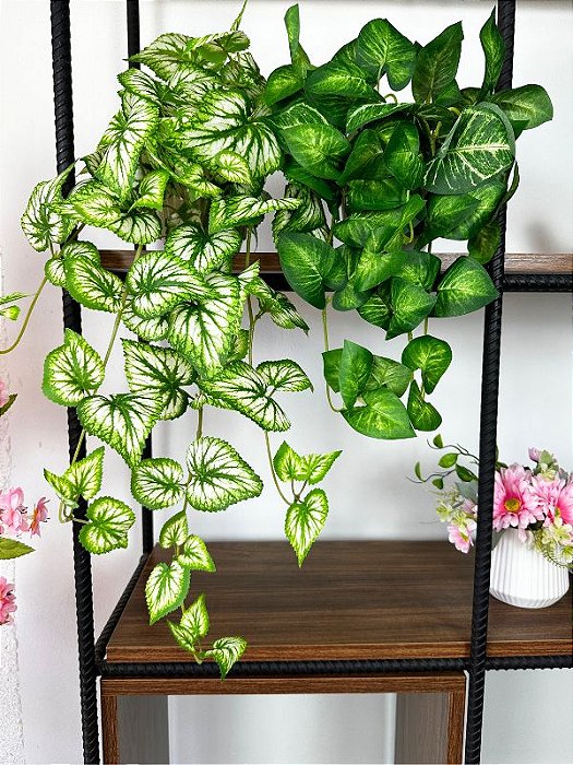 Kit Planta Artificial Pendente 3D 40cm + 3D 60cm Vaso Ceramica Off White