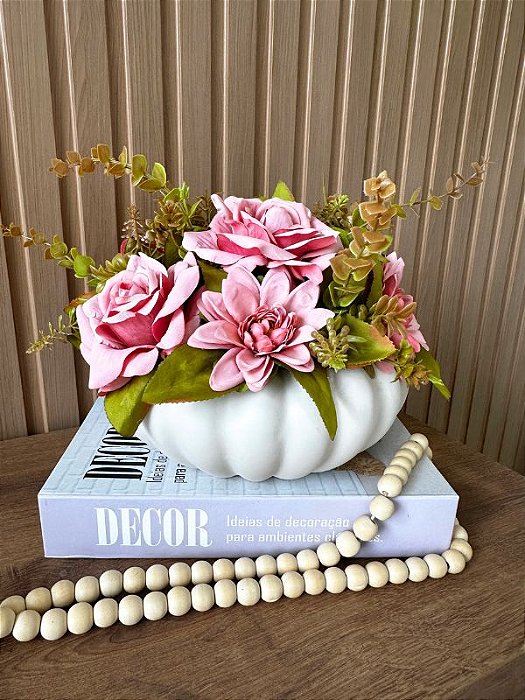 Arranjo de Rosas Artificial Vaso Gomo OffWhite