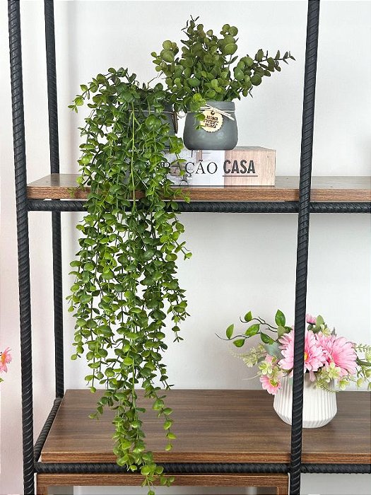 Planta Artificial Pendente Eucalipto + Vasinho Cinza Cerâmica com Eucalipto