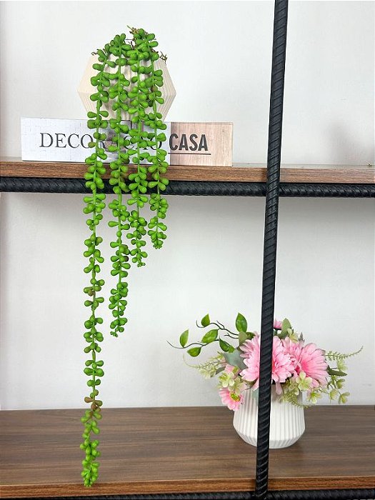 Pendente Artificial Suculenta 55cm Vaso Cerâmica Sinus OffWhite