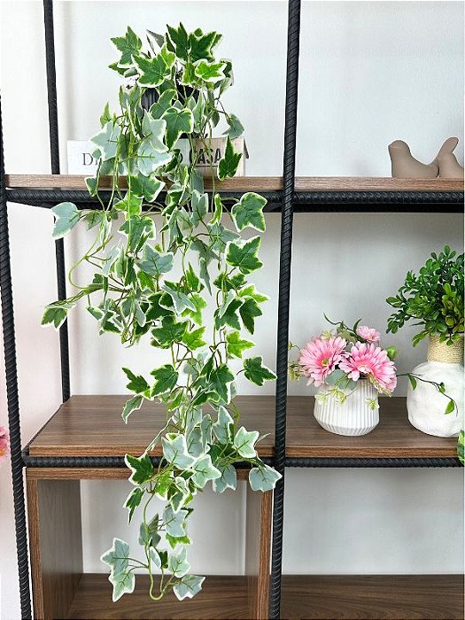 Pendente Folhagem Hera Verde/Creme 1m Artificial Vaso Cerâmica Preto