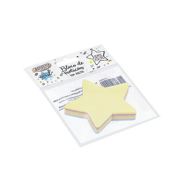 Bloco de Anotações BRW Tom Pastel 70mm X 70mm Com 100 Folhas e 5 Cores Formato Estrela