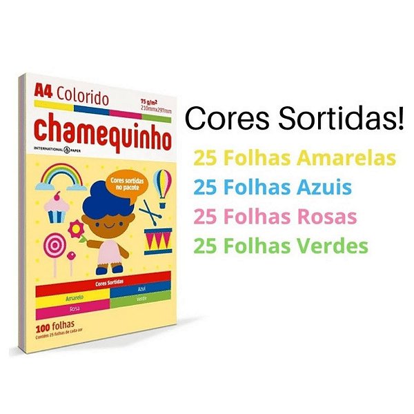 Chamequinho A4 Colorido com 100 folhas Cores Sortidas