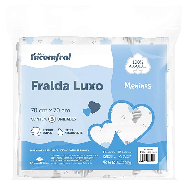 Fralda Incomfral Luxo - Estampada - Masculina - 70cm x 70cm - Pacote com 5