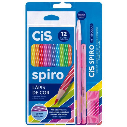 Kit Escolar Cis Spiro Rosa - lápis de cor + caneta + lapiseira + borracha