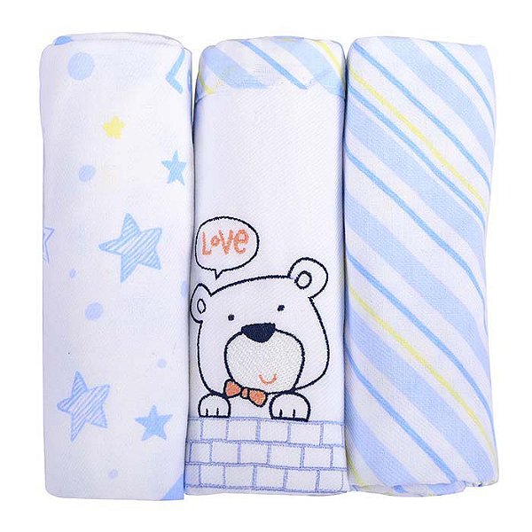 Kit Manta Cueiro Baby Nice 80x80cm 3 Unidades Azul Bebê