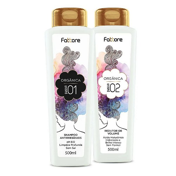 Orgânica Fattore Shampoo Antirresíduos 500ml + Redutor de Volume 500ml Passo 01 e 02