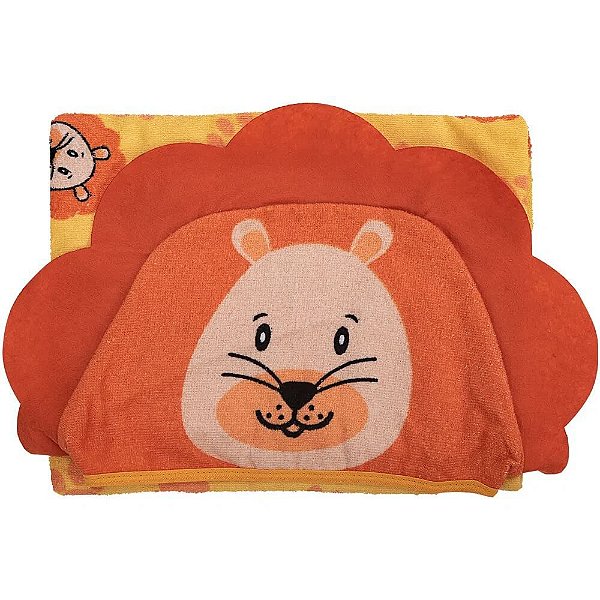 Toalha com Capuz e Forro de Fralda Baby Joy 70 cm X 90 cm Leãozinho a